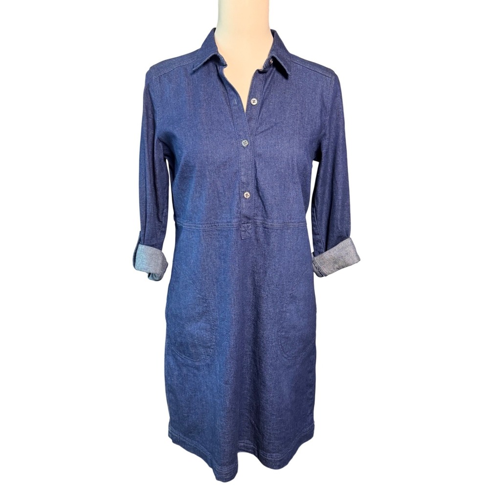 J. Jill Denim ShirtDress Blue Cotton Blend Roll Tab Sleeve XS Petite Knee length